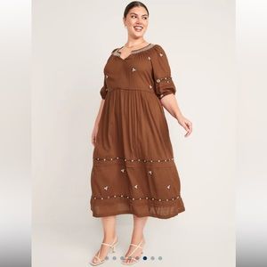 Old navy Puff-Sleeve Smocked-Neck Embroidered Midi Swing Dress